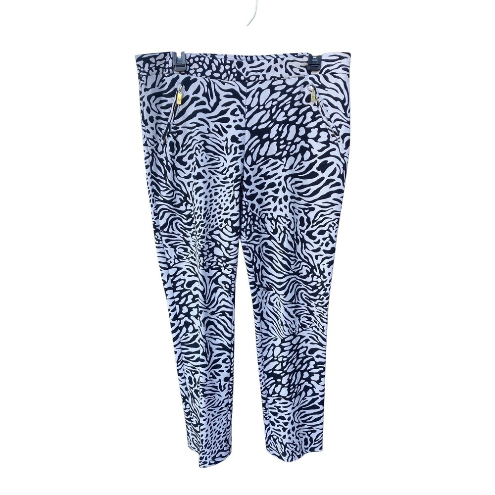 Women's Animal Print Black Pull-on Pants Size M Gold Zips Maximal Zebra Safari